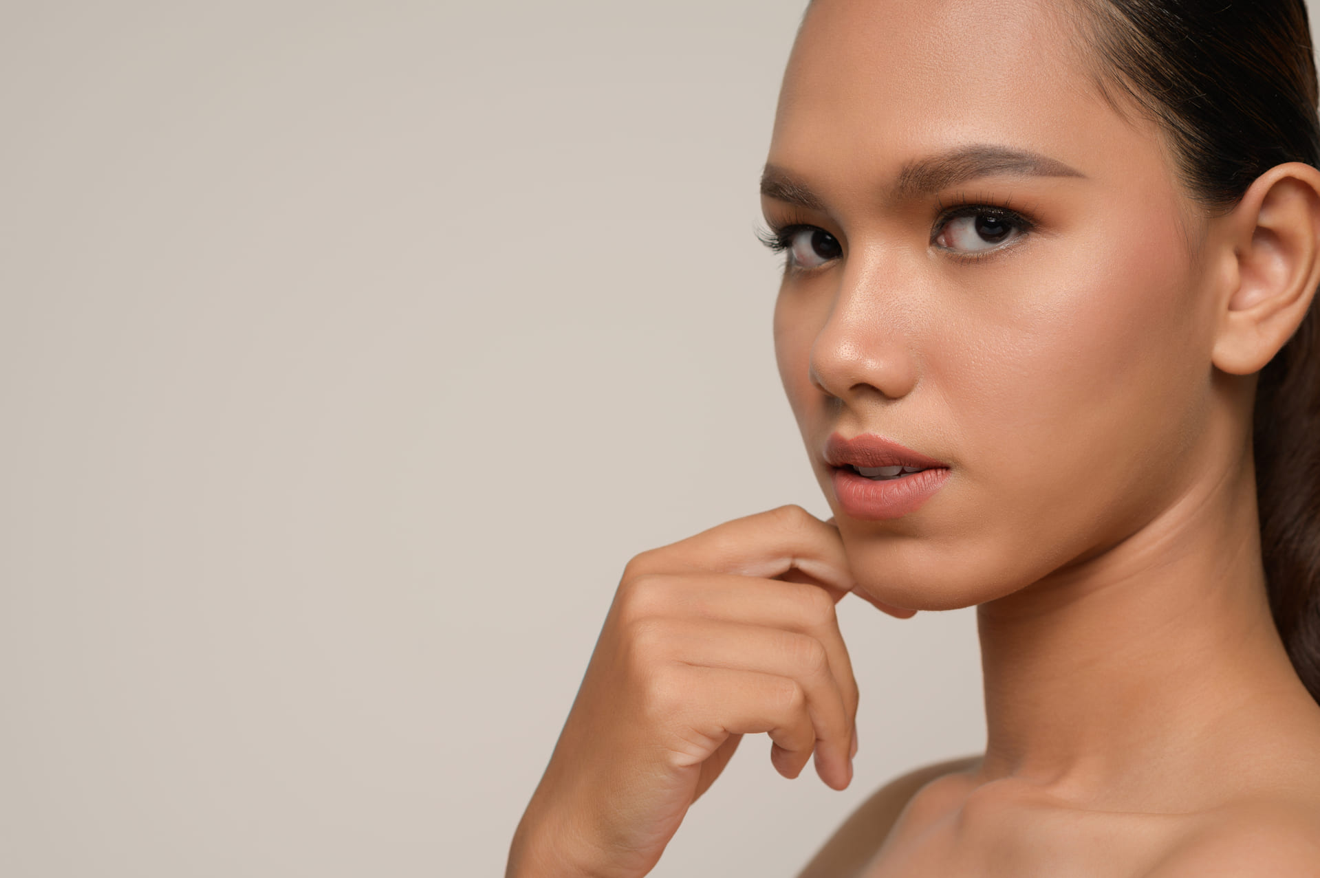 Beauty Portrait Beautiful asian Model Touching Face by Hand