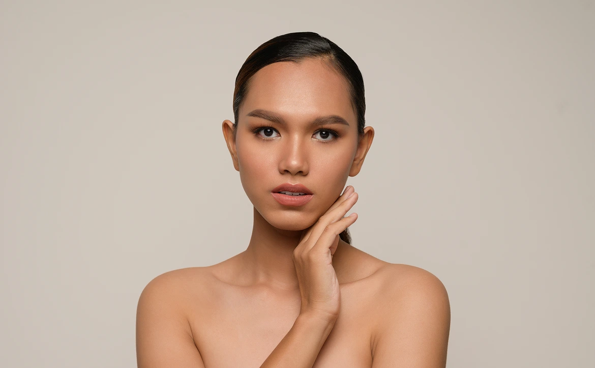 Beauty Portrait Beautiful asian Model Touching Face by Hand